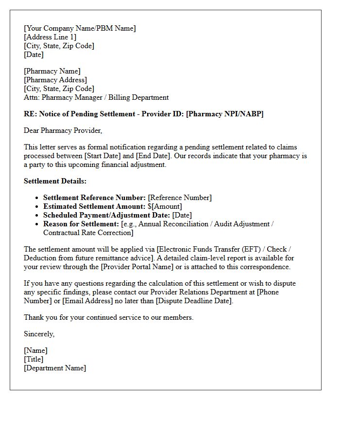 Pending Settlement Notification Letter to Pharmacy