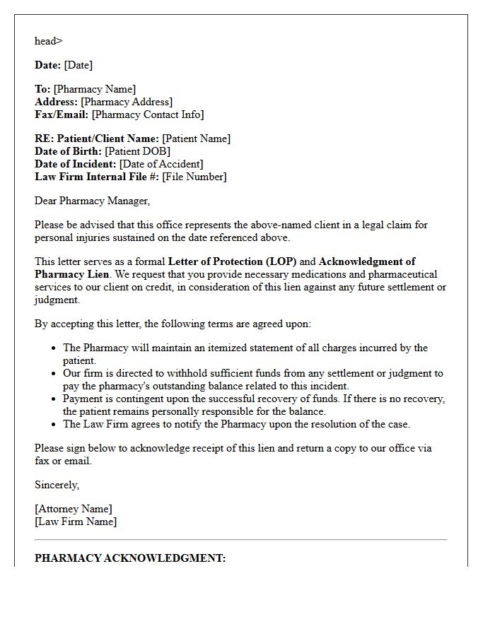 Pharmacy Lien and Letter of Protection Acknowledgment Letter