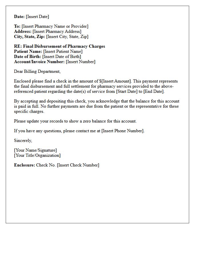 Final Disbursement Letter for Pharmacy Charges