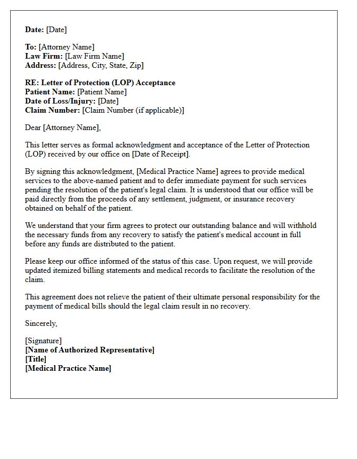 Medical Provider Letter of Protection Acknowledgment and Acceptance