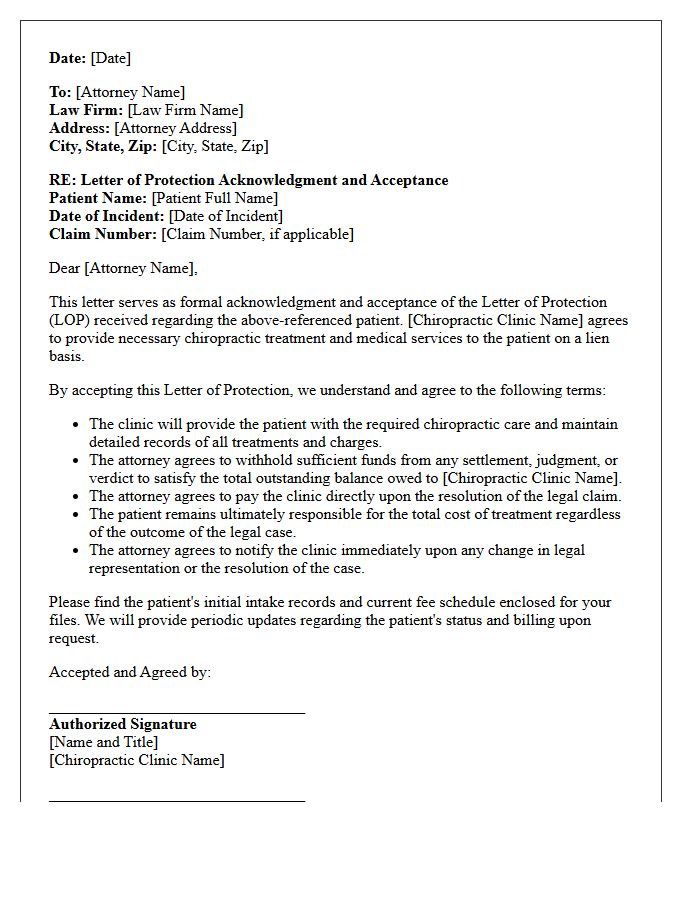 Chiropractic Clinic Letter of Protection Acknowledgment and Acceptance