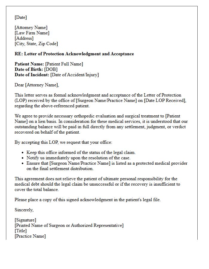 Orthopedic Surgeon Letter of Protection Acknowledgment and Acceptance