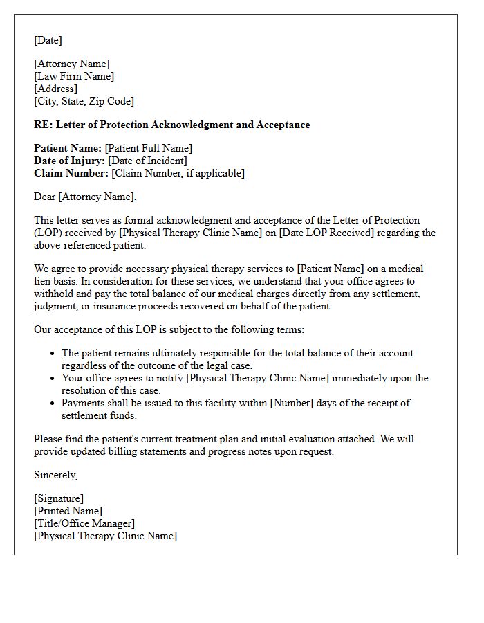 Physical Therapy Letter of Protection Acknowledgment and Acceptance