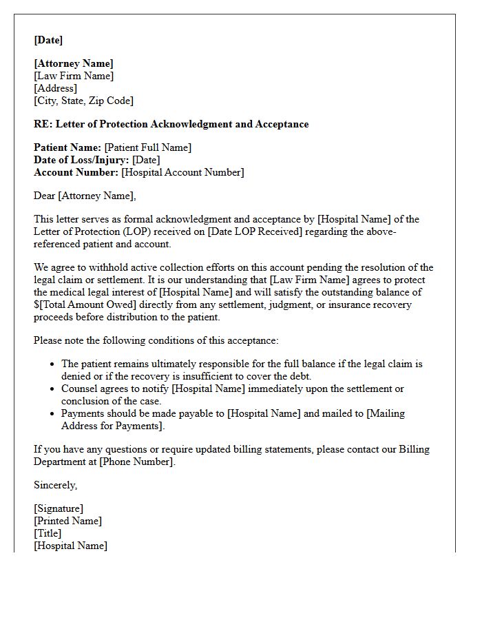 Hospital Billing Letter of Protection Acknowledgment and Acceptance