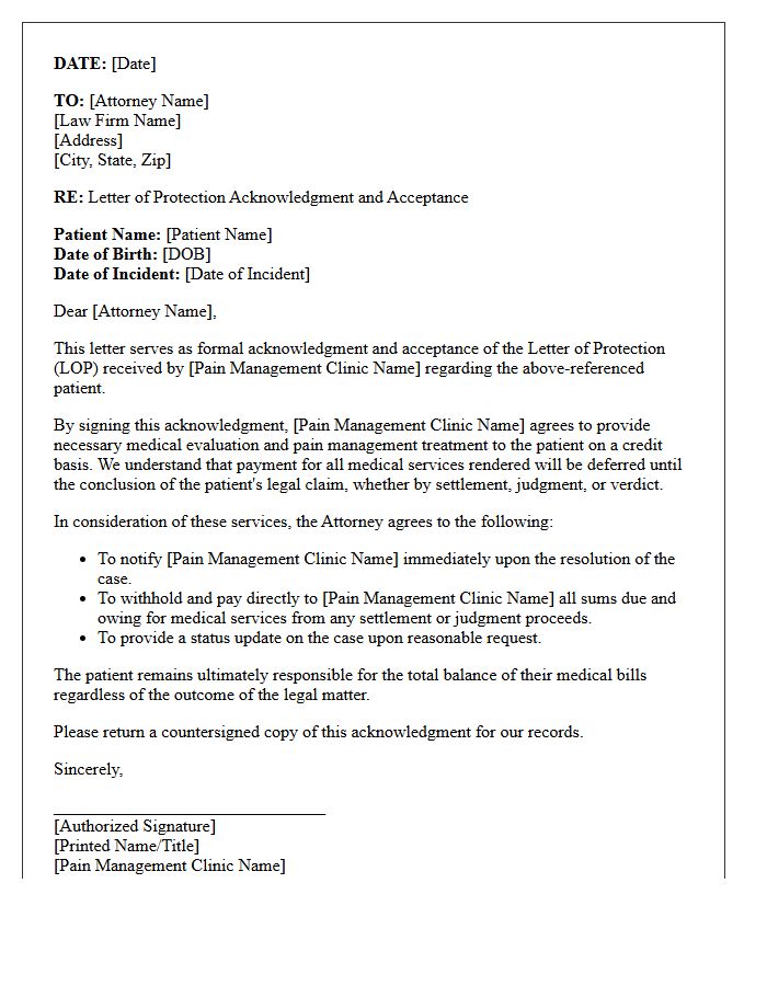 Pain Management Letter of Protection Acknowledgment and Acceptance