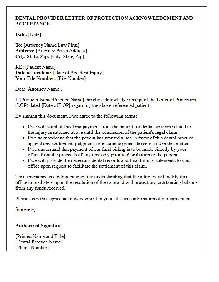 Dental Provider Letter of Protection Acknowledgment and Acceptance