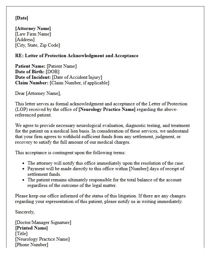 Neurology Specialist Letter of Protection Acknowledgment and Acceptance