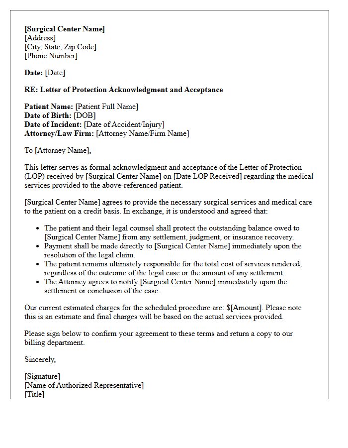 Surgical Center Letter of Protection Acknowledgment and Acceptance