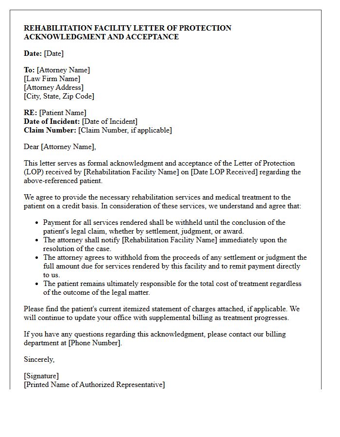 Rehabilitation Facility Letter of Protection Acknowledgment and Acceptance