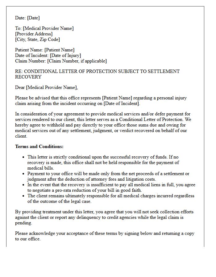 Conditional Letter of Protection Subject to Settlement Recovery