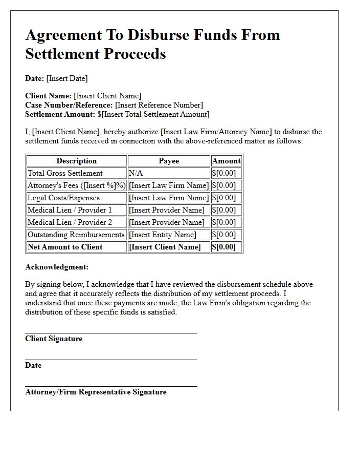 Agreement To Disburse Funds From Settlement Proceeds