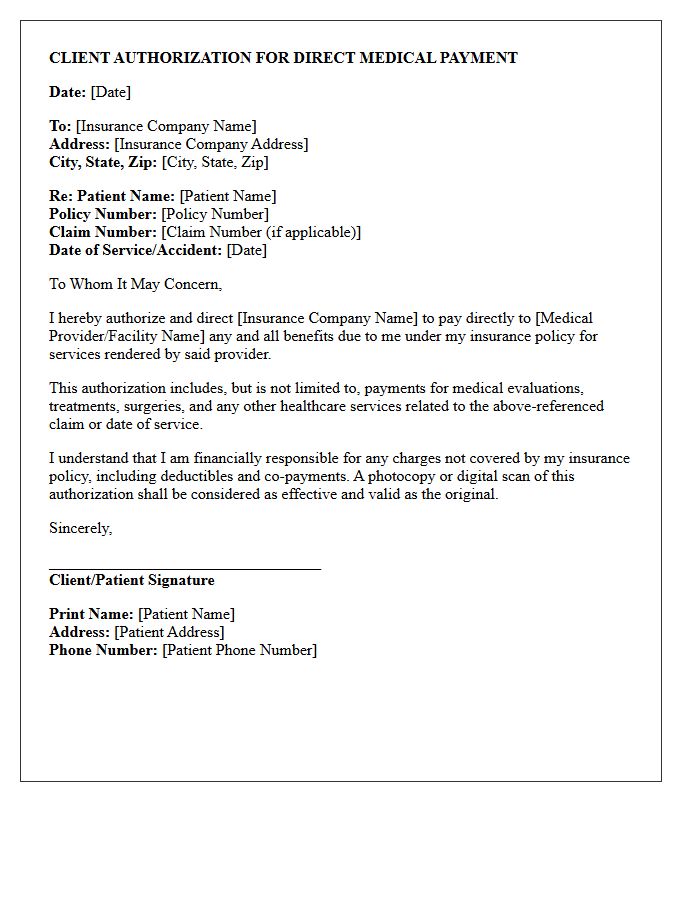Client Authorization For Direct Medical Payment