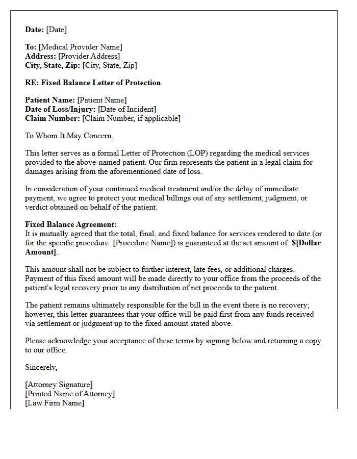 Fixed Balance Guarantee Letter of Protection