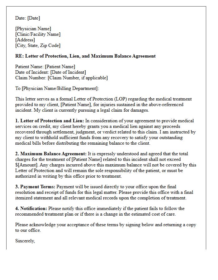 Physician Lien and Maximum Balance Letter of Protection