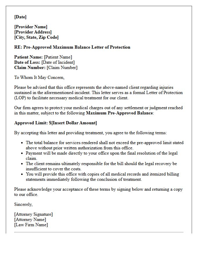 Pre-Approved Maximum Balance Letter of Protection