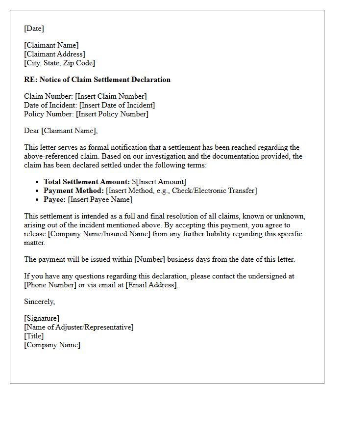 Notice of Claim Settlement Declaration