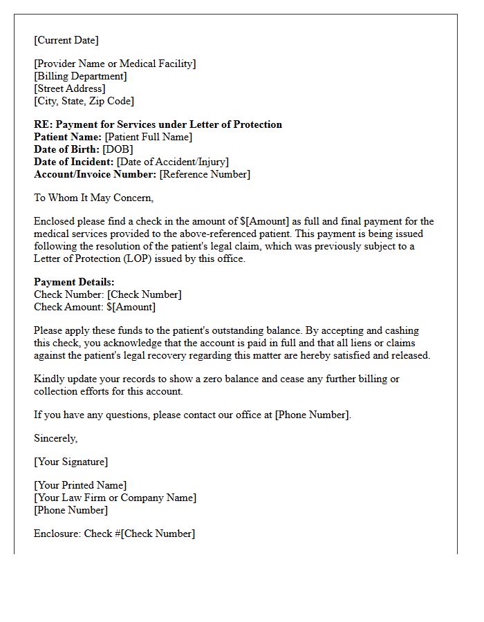 Enclosed Payment Check for Letter of Protection