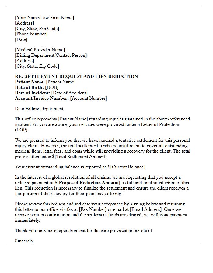 Letter of Protection Lien Reduction and Settlement Request