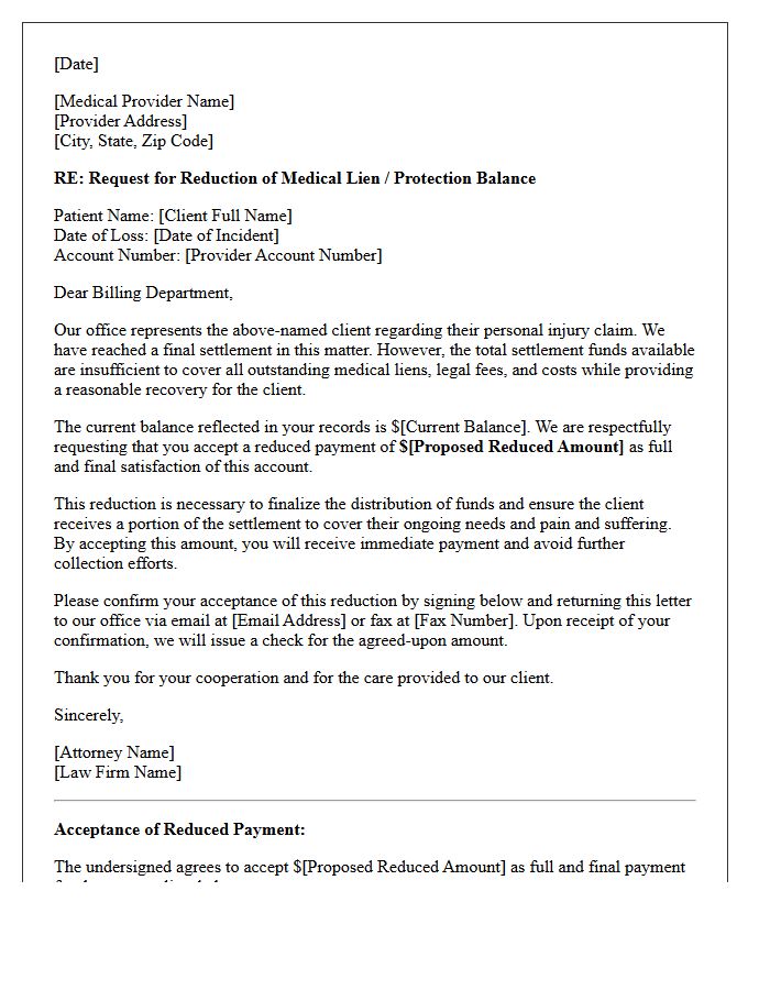 Client Disbursement Letter Requesting Protection Balance Reduction
