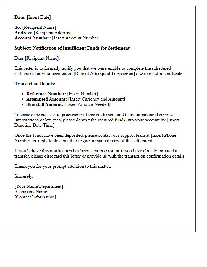 Insufficient Settlement Funds Notification Letter