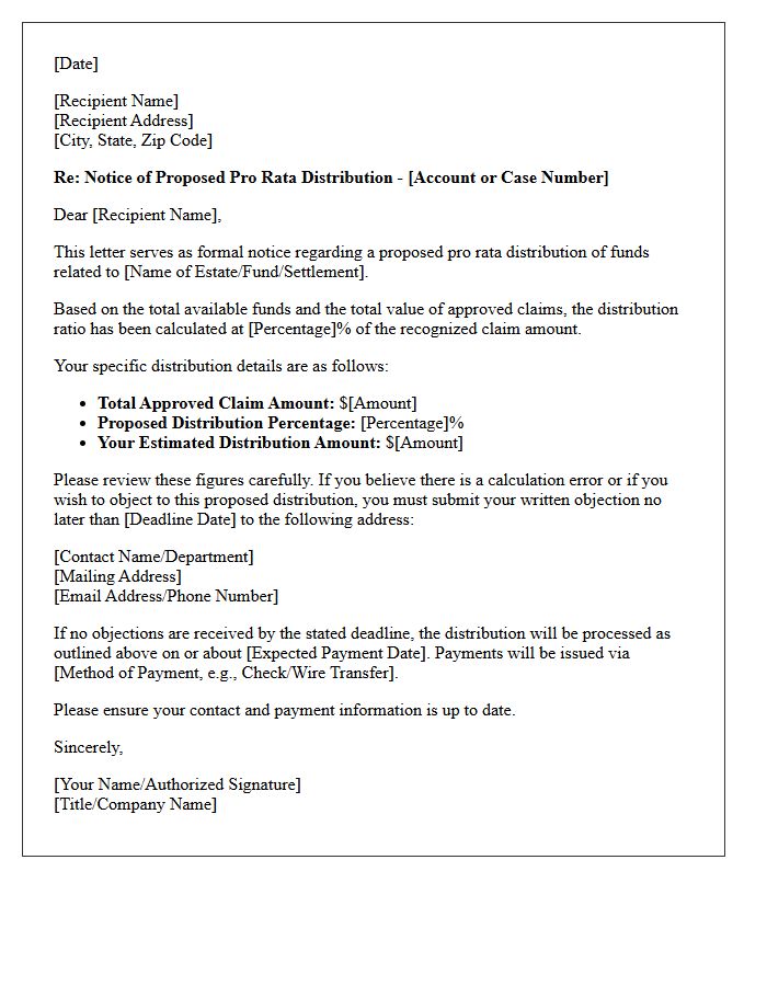 Proposed Pro Rata Distribution Notice Letter