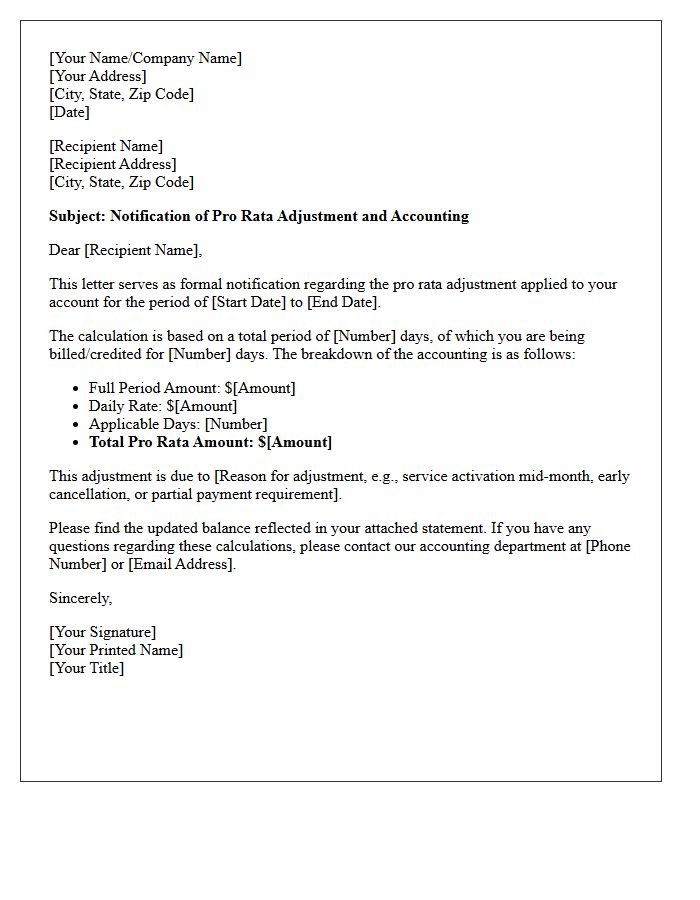 Pro Rata Calculation and Accounting Letter