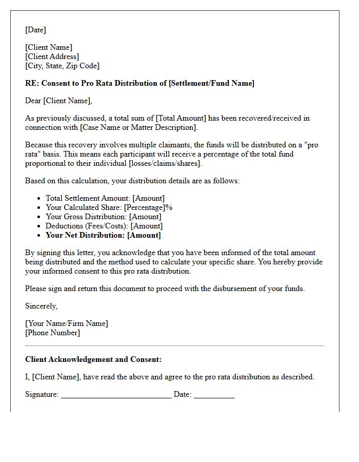 Client Consent to Pro Rata Distribution Letter
