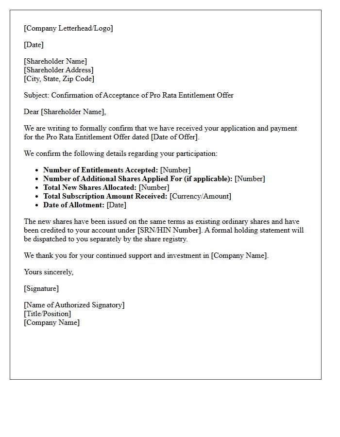 Pro Rata Offer Acceptance Confirmation Letter