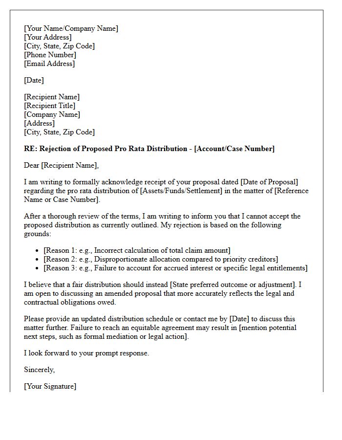 Pro Rata Distribution Rejection Response Letter