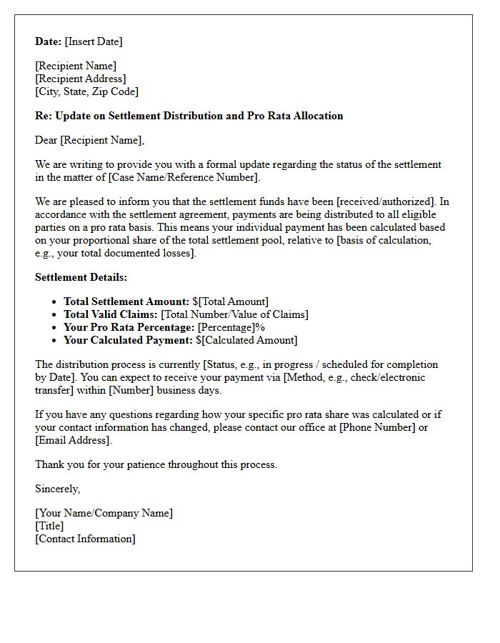 Settlement Status and Pro Rata Update Letter