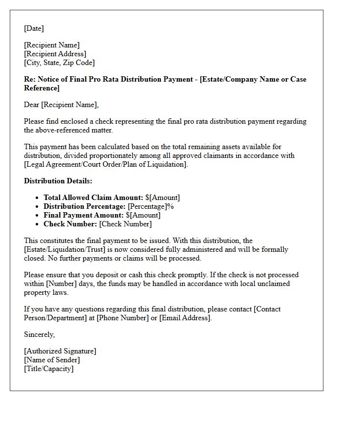 Final Pro Rata Distribution Payment Enclosure Letter