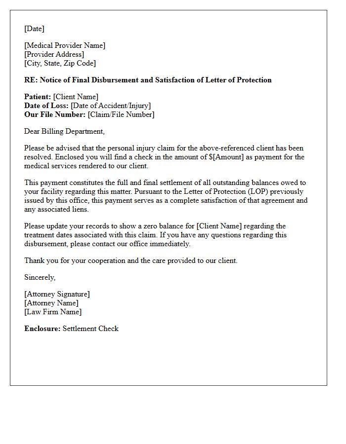 Final Disbursement Enclosure Letter Satisfying Letter Of Protection