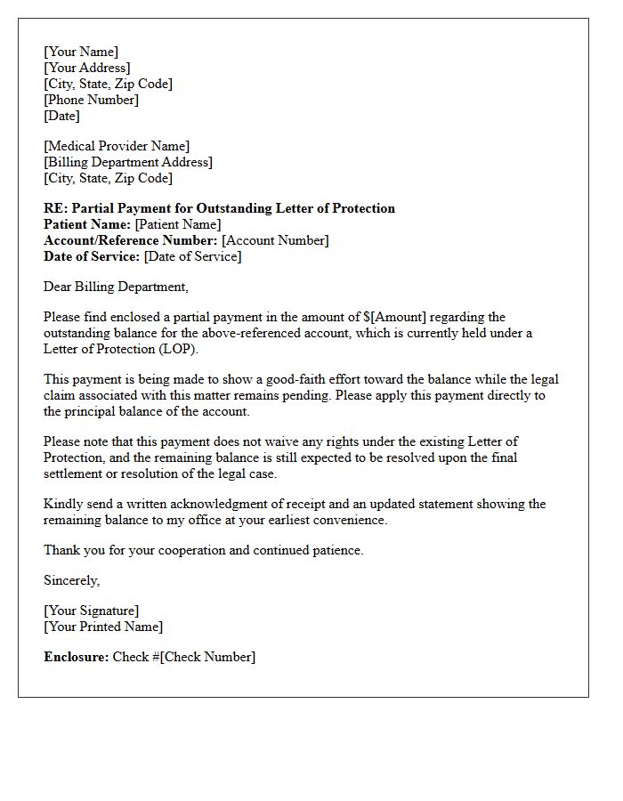 Partial Payment Enclosure Letter For Outstanding Letter Of Protection
