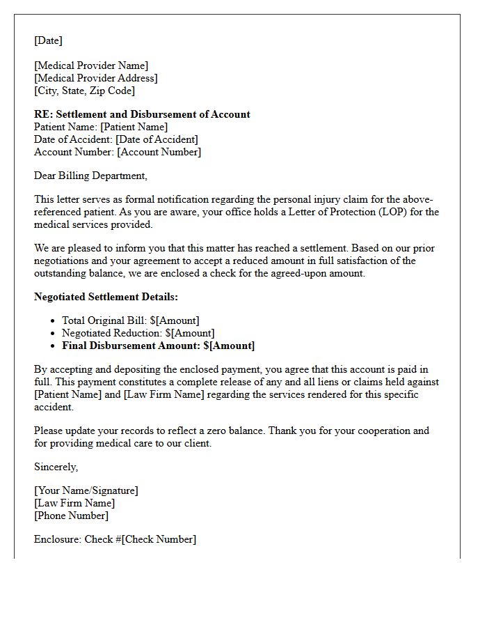 Negotiated Balance Disbursement Letter Regarding Letter Of Protection