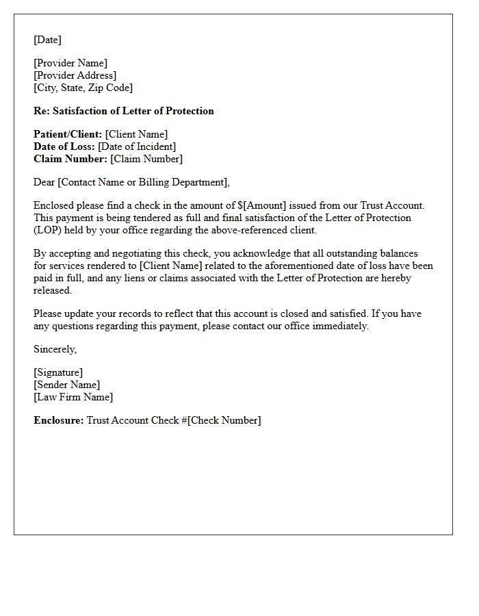 Trust Account Check Enclosure Letter For Letter Of Protection Satisfaction