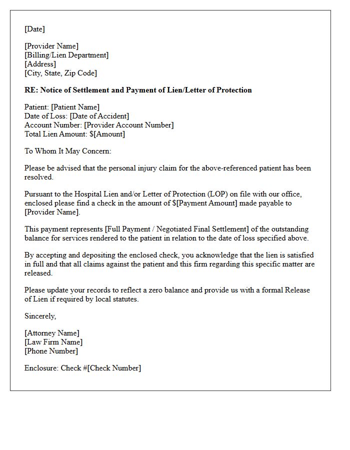 Hospital Lien And Letter Of Protection Disbursement Enclosure Letter