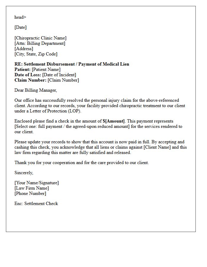 Chiropractic Provider Disbursement Enclosure Letter Under Letter Of Protection