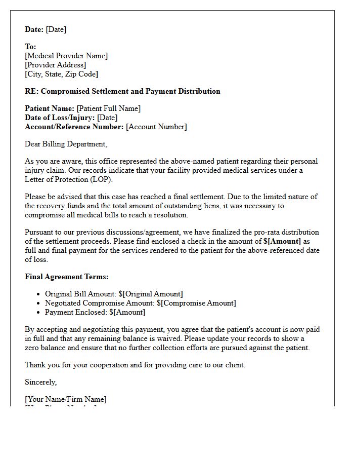 Compromised Medical Bill Disbursement Letter For Letter Of Protection