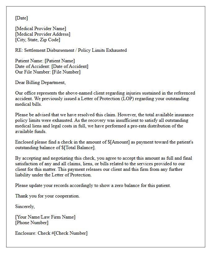 Policy Limits Exhausted Disbursement Enclosure Letter For Letter Of Protection