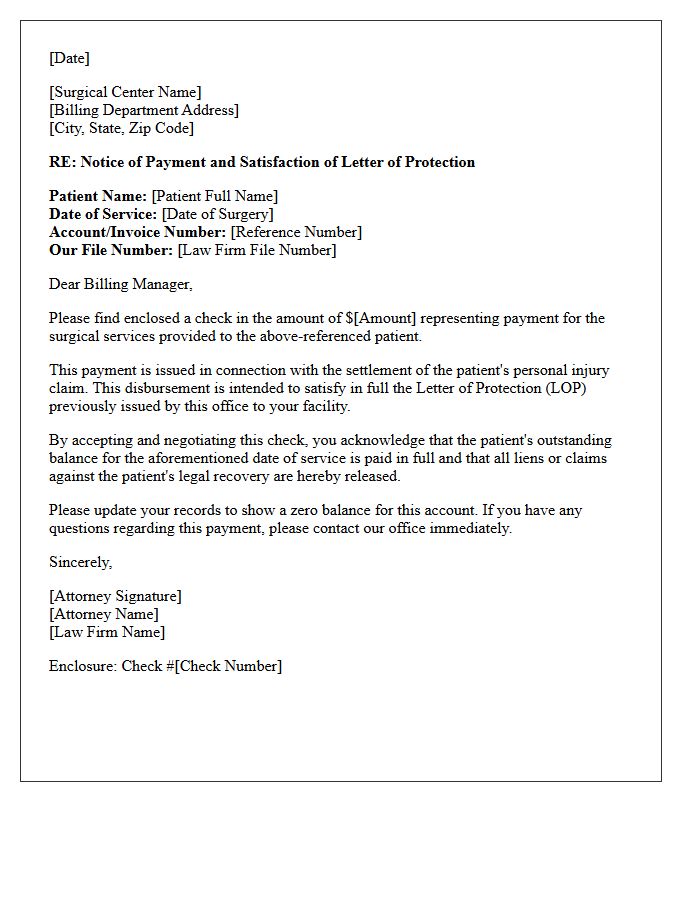 Surgical Center Payment Disbursement Letter Satisfying Letter Of Protection