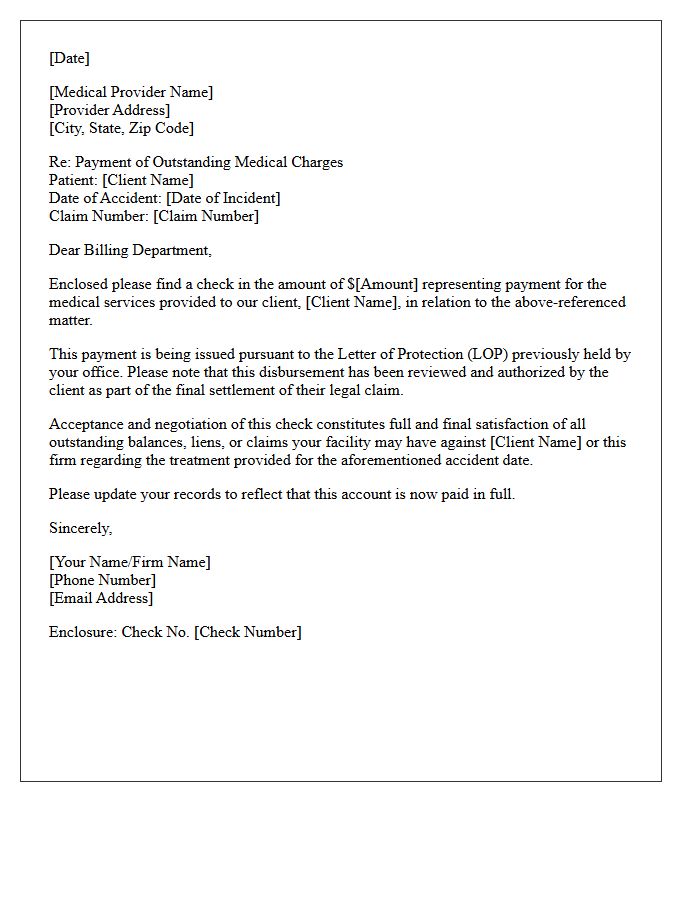 Client Authorized Disbursement Enclosure Letter Addressing Letter Of Protection