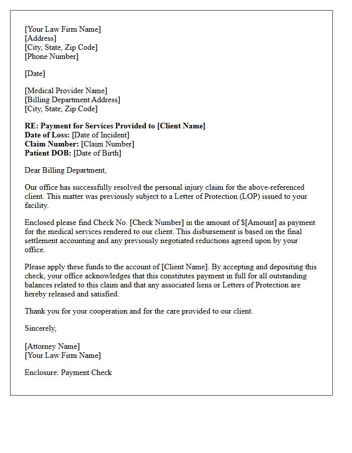 Multi-Provider Disbursement Enclosure Letter For Letter Of Protection Claims