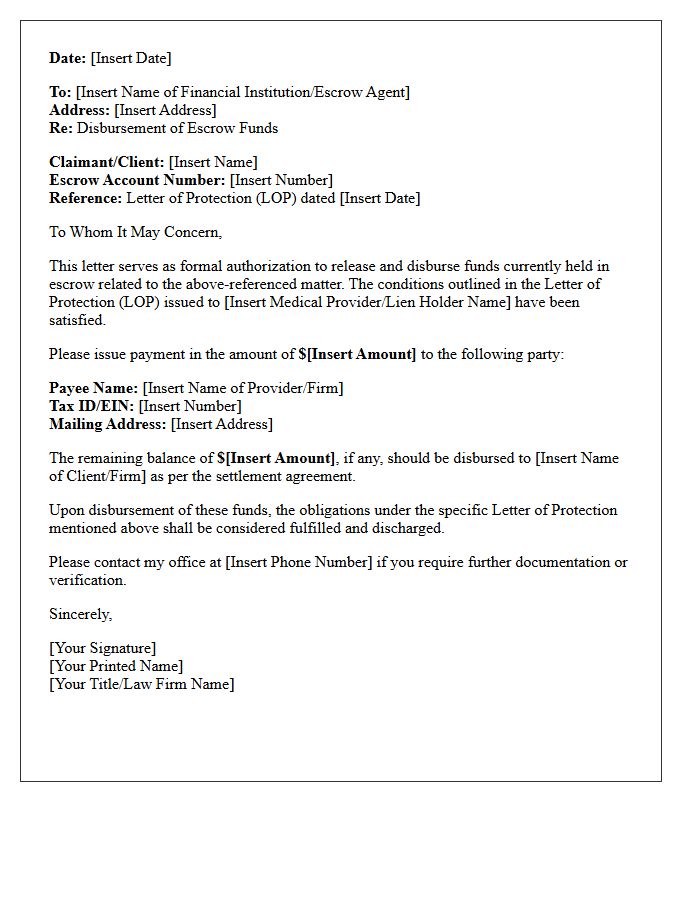 Escrow Funds Release Disbursement Letter Regarding Letter Of Protection