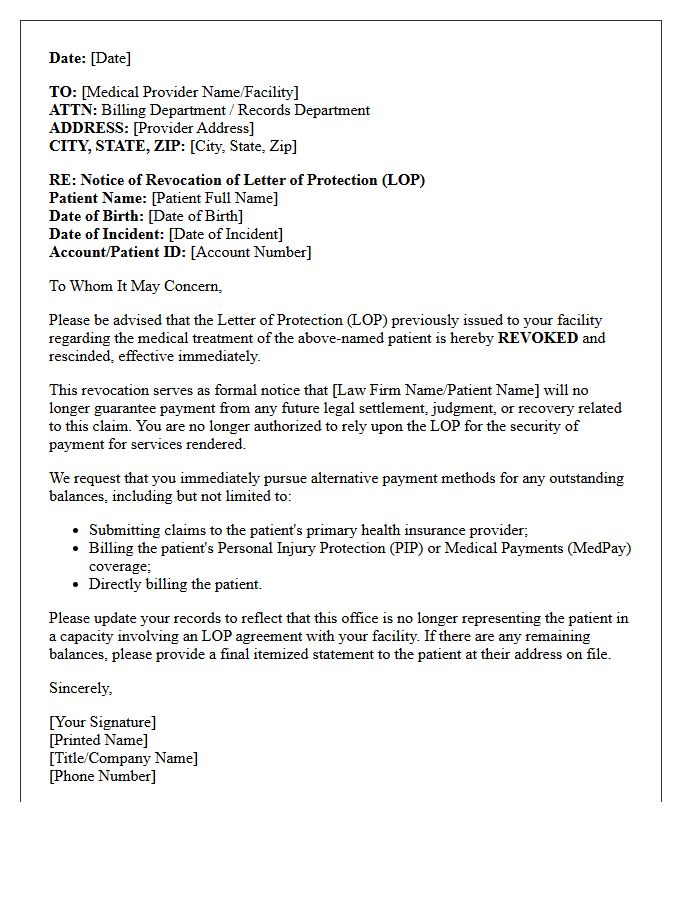Letter of Protection Revocation Notice to Medical Provider