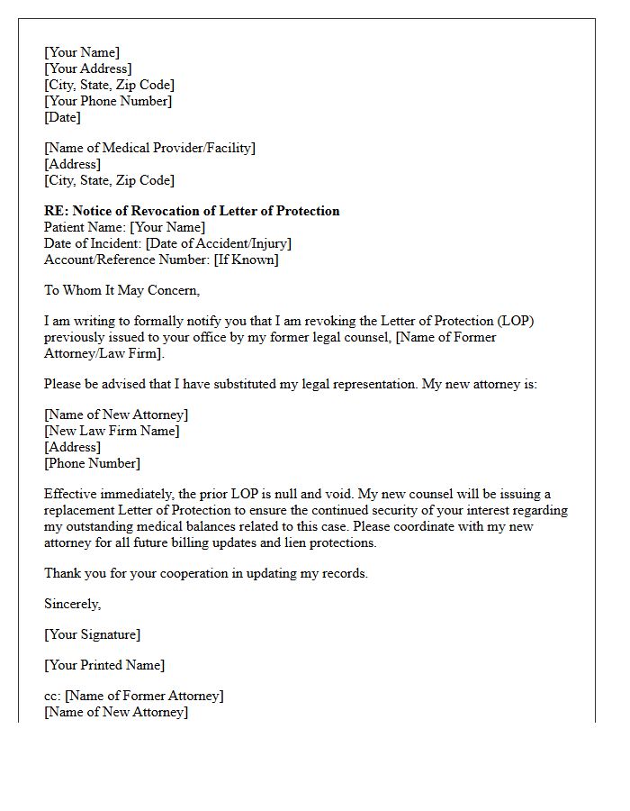Letter of Revocation of Letter of Protection for Substitution of Counsel