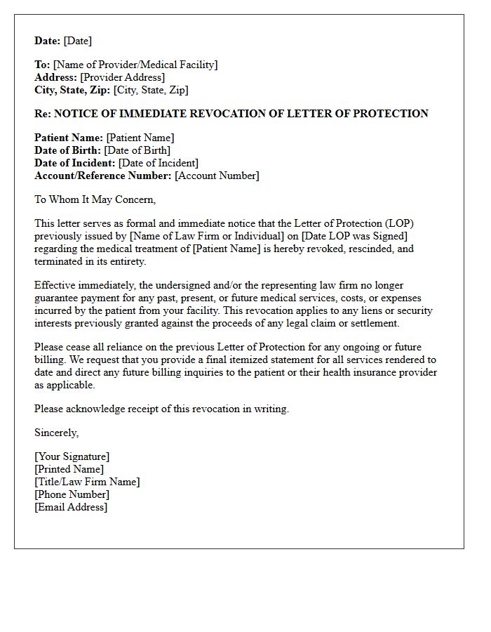 Immediate Revocation Letter for Letter of Protection Guarantee