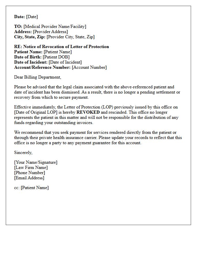 Letter of Revocation of Letter of Protection Due to Case Dismissal