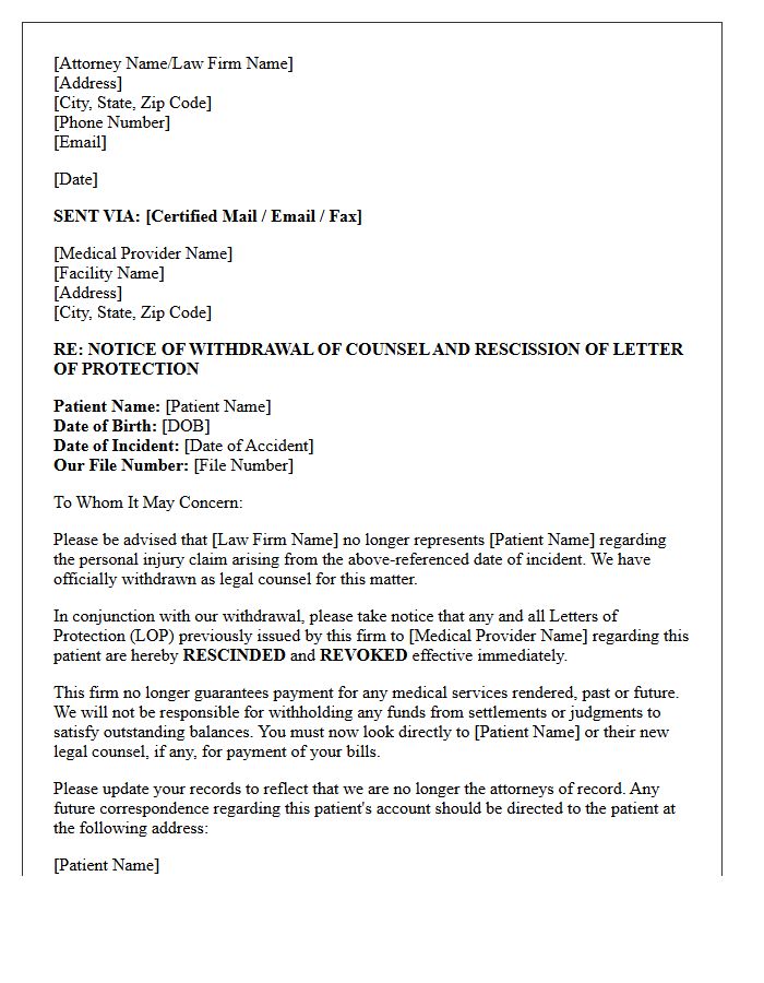 Notice of Withdrawal of Counsel and Rescission of Letter of Protection