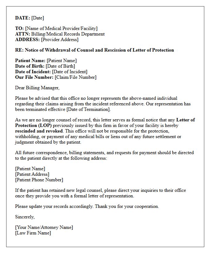 Withdrawal of Counsel Letter to Medical Provider Regarding Letter of Protection