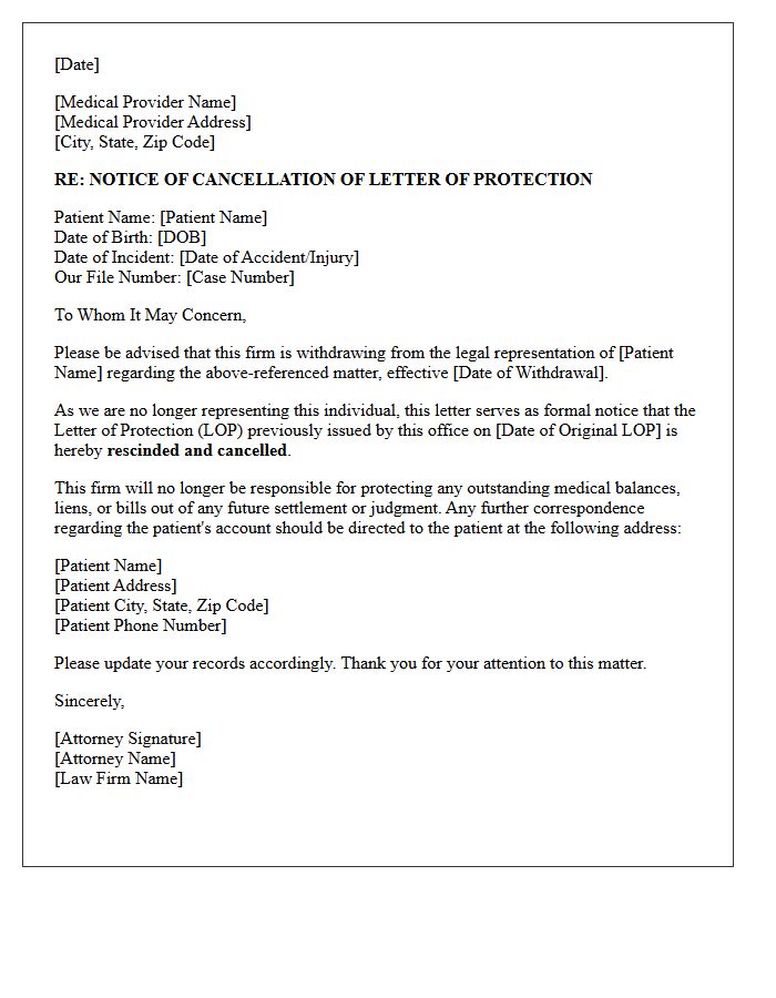 Letter of Protection Cancellation Due to Withdrawal of Counsel